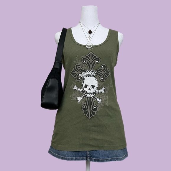 green skull cross graphic y2k grunge tank top - Picture 1 of 7